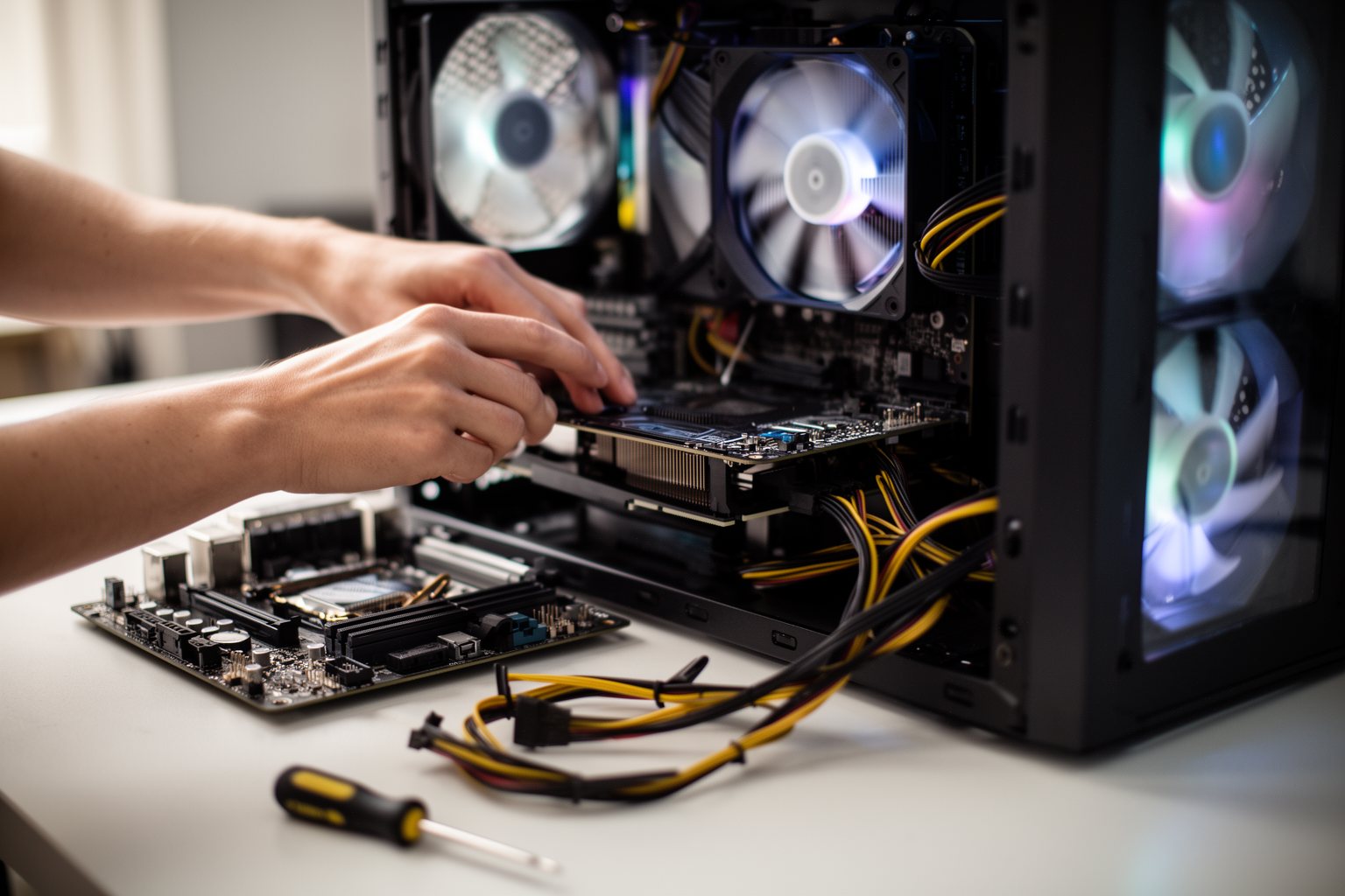 PC vs Console Gaming Cost: Which Is Cheaper Long Term? Hands installing a graphics card into a gaming PC on a workbench
