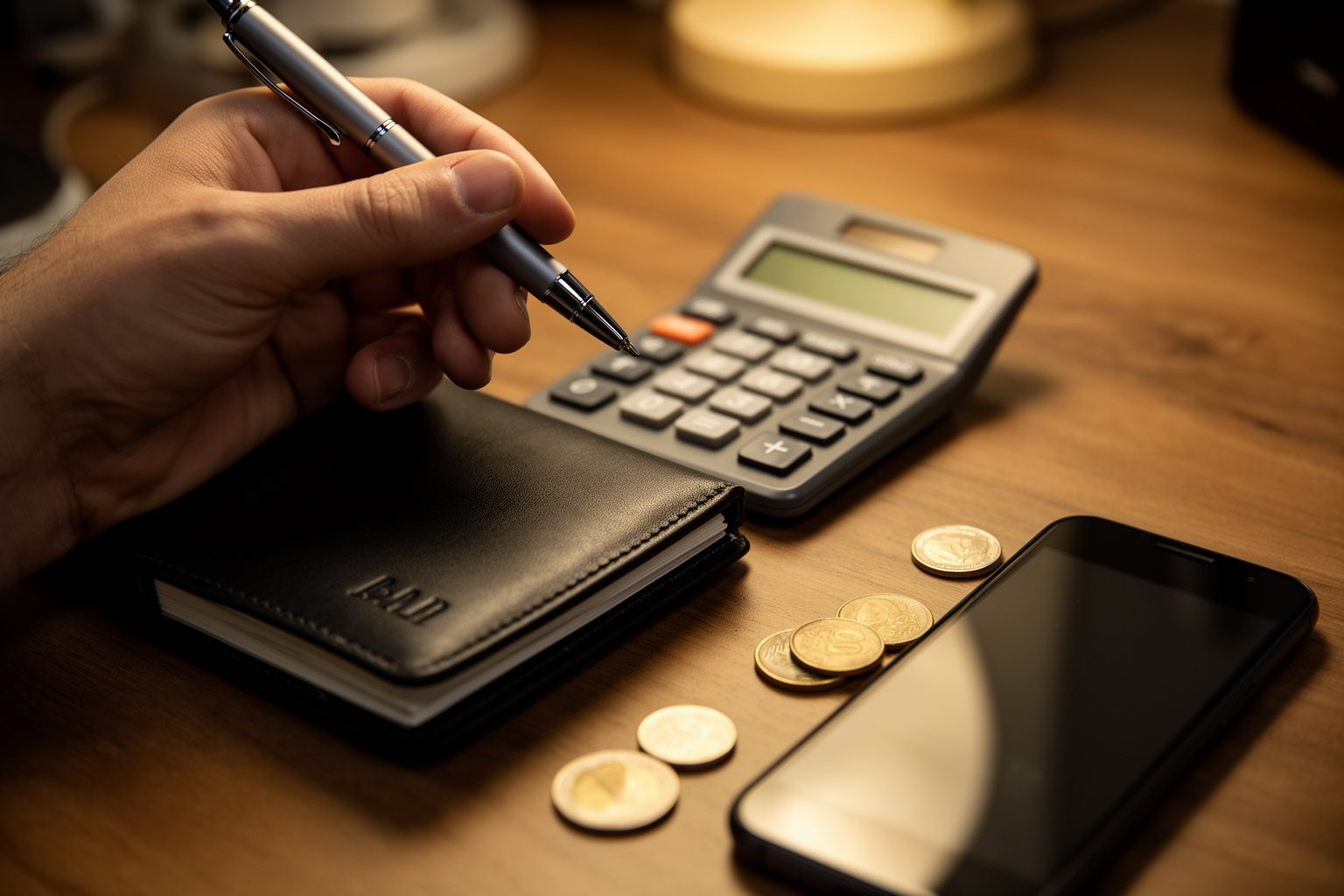 Money Lessons for Young Adults I'd Teach My Younger Self Pen, notebook, calculator and coins on a desk ready for monthly budgeting