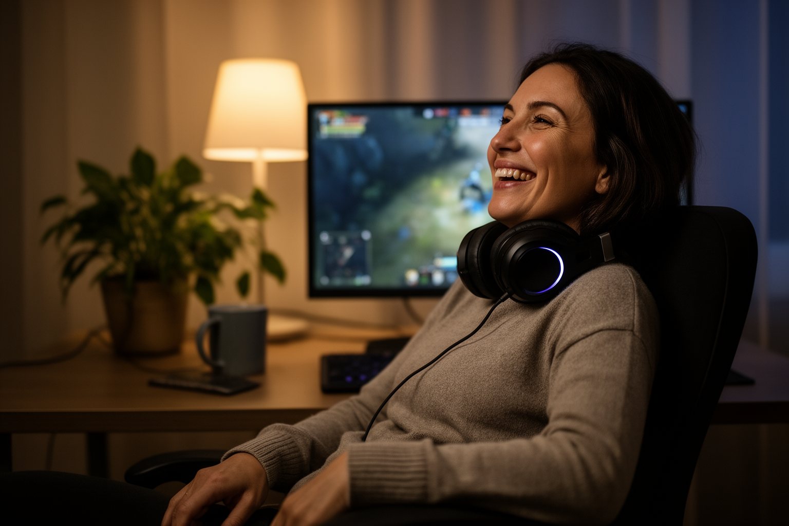 AI in PC Gaming: How It Powers Realistic Game Worlds Smiling gamer with a headset enjoying a game at a home PC in the evening