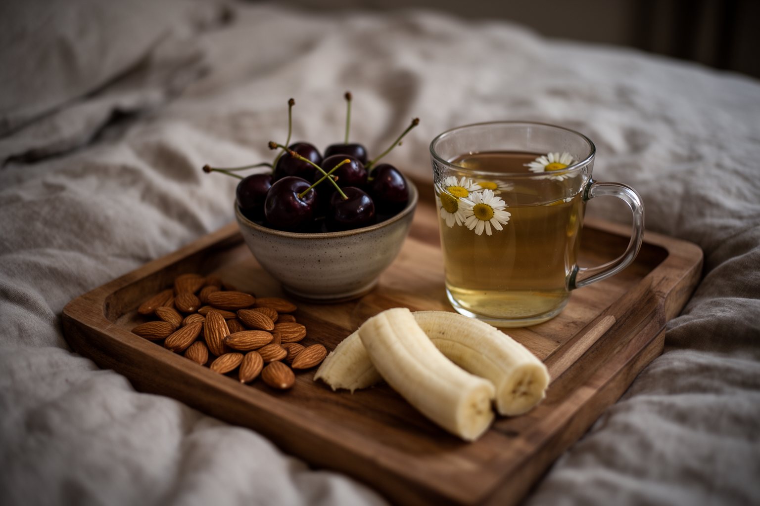 Hacking Your Sleep For A Restful Night Bedtime snack of cherries, almonds and a cup of chamomile tea on a bedside tray