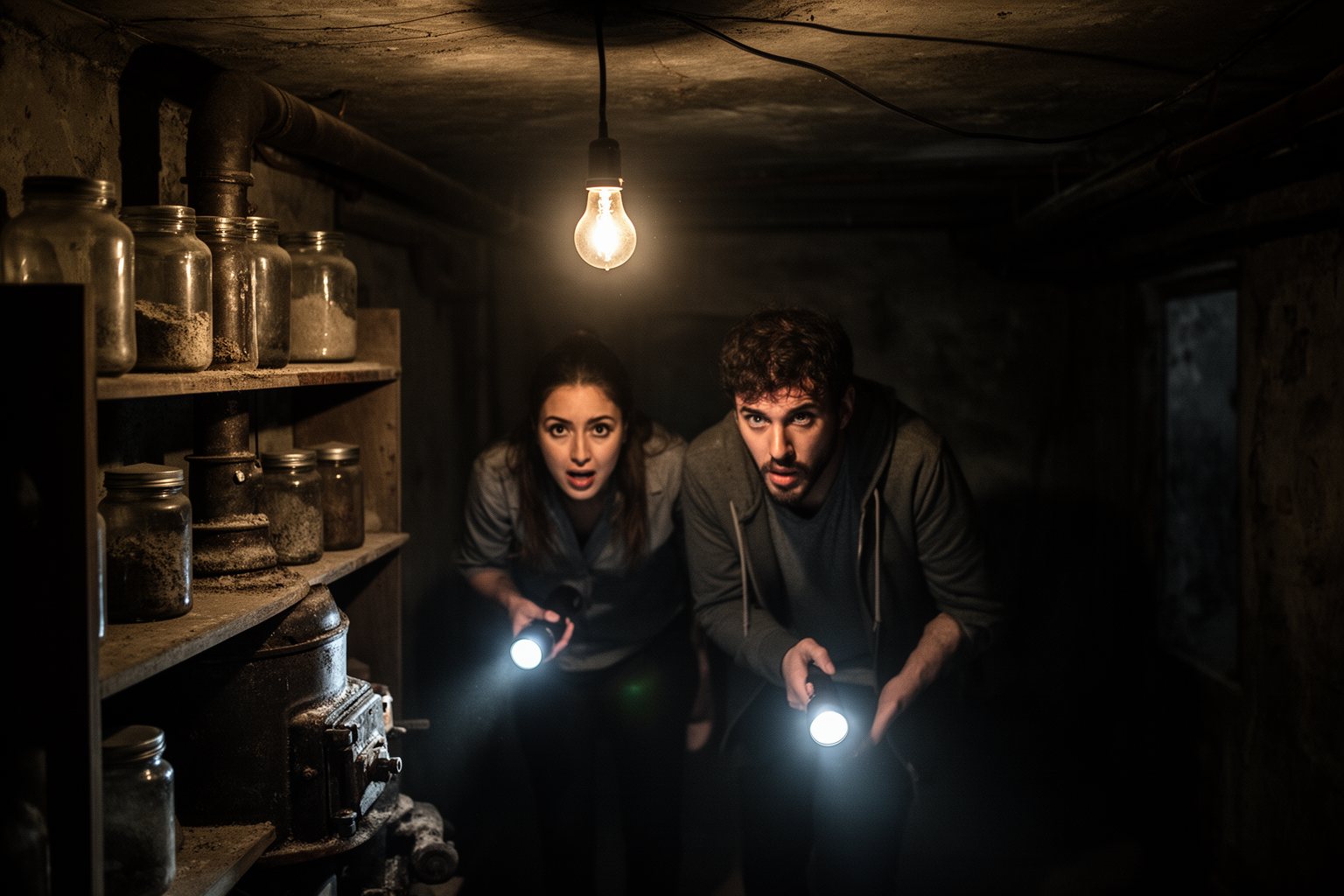 10 Las Vegas Escape Rooms You Absolutely Must Try Players with flashlights exploring a dim, eerie basement set in a horror escape room
