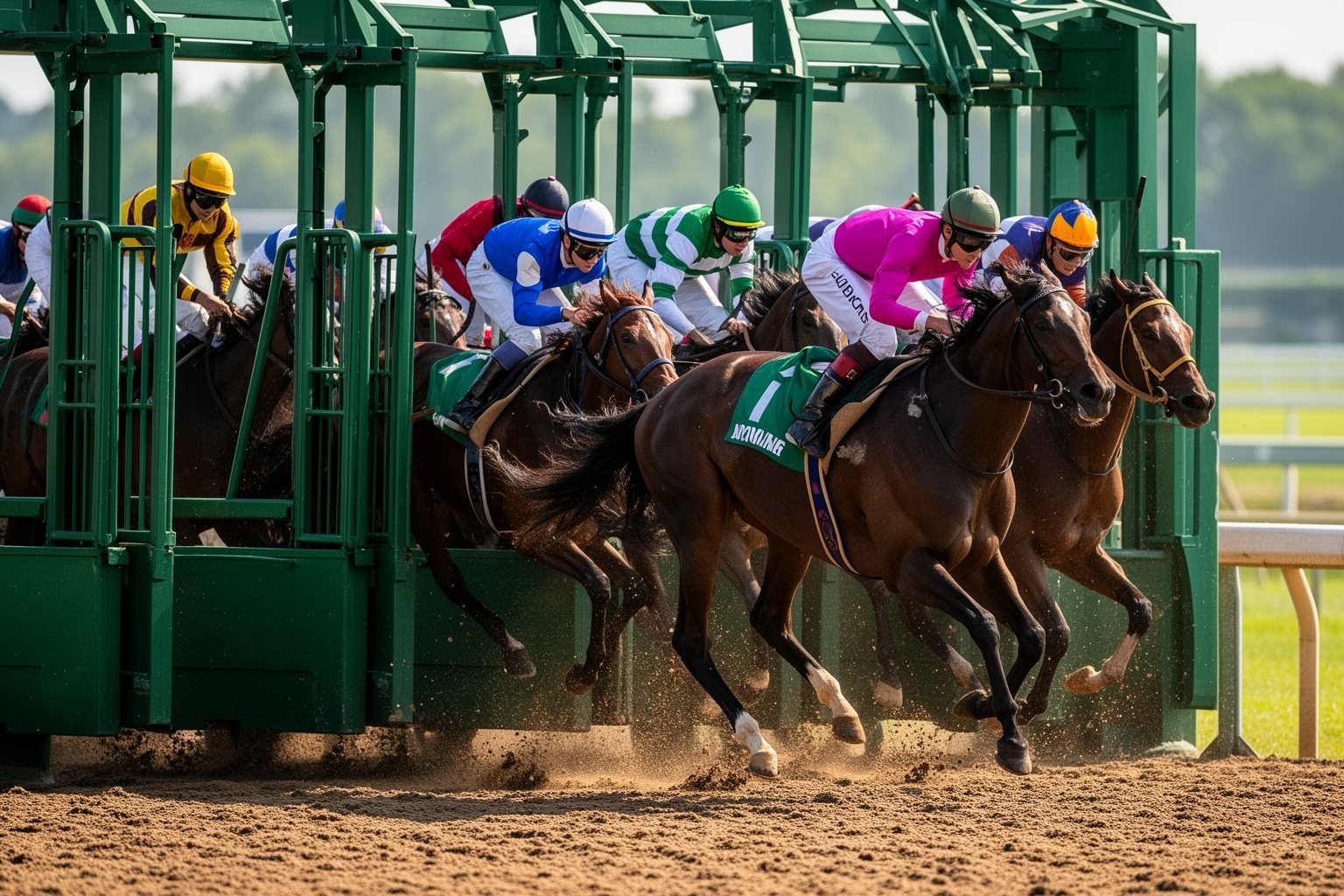 10 Reasons Why Tampa Bay Downs Should Be Your Next Destination Horses and jockeys breaking from the starting gate at the start of a race
