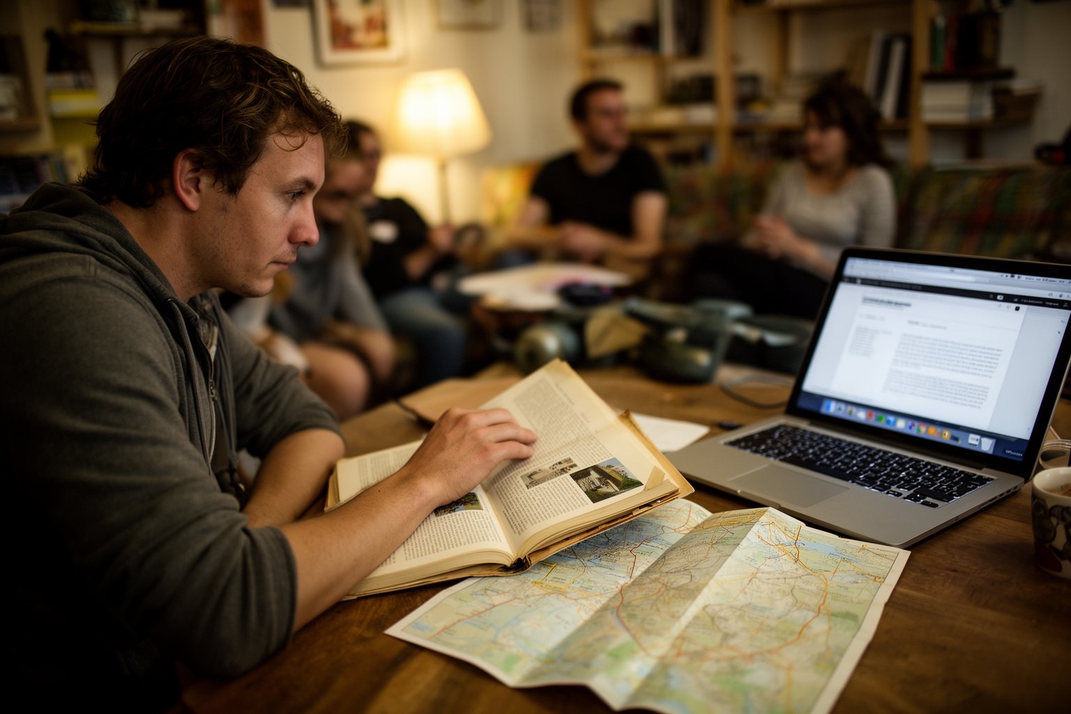 Traveler researching a destination with a guidebook and laptop in a hostel common room