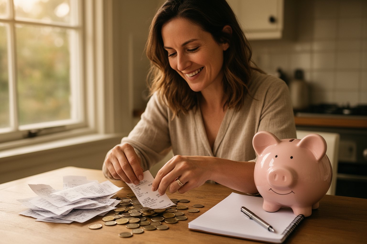 Penny Pinching Pros: How to Save Money Like a Pro Woman sorting coins and receipts beside a piggy bank at her kitchen table, learning how to save money