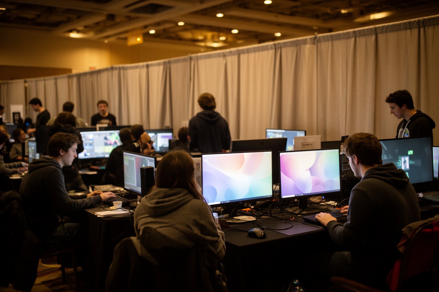 Visitors trying small studio games at booths in an indie game festival hall
