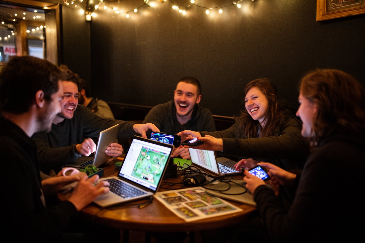 Friends sharing indie games on laptops and handhelds at a local game night