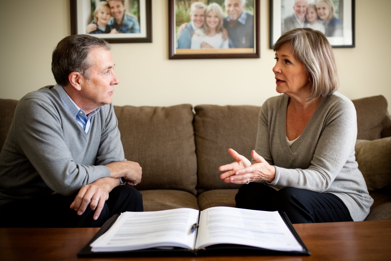 Shattering 5 Finance Myths You've Believed Since Your 40s Insurance agent reviewing a policy with a middle-aged couple in their living room