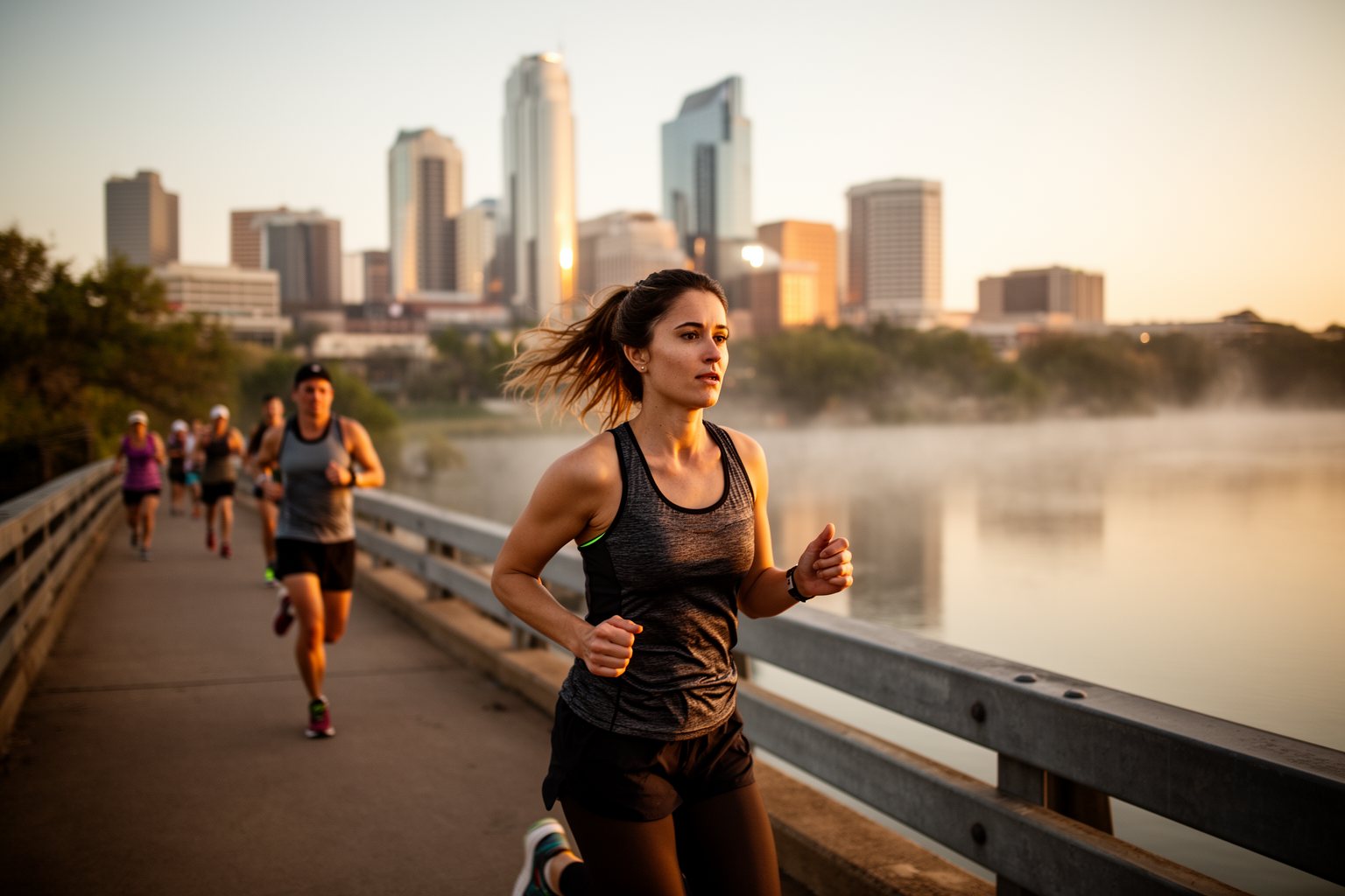 Jogging in Austin: Best Routes for Runners Runners crossing a pedestrian bridge over Lady Bird Lake at sunrise with the Austin skyline behind