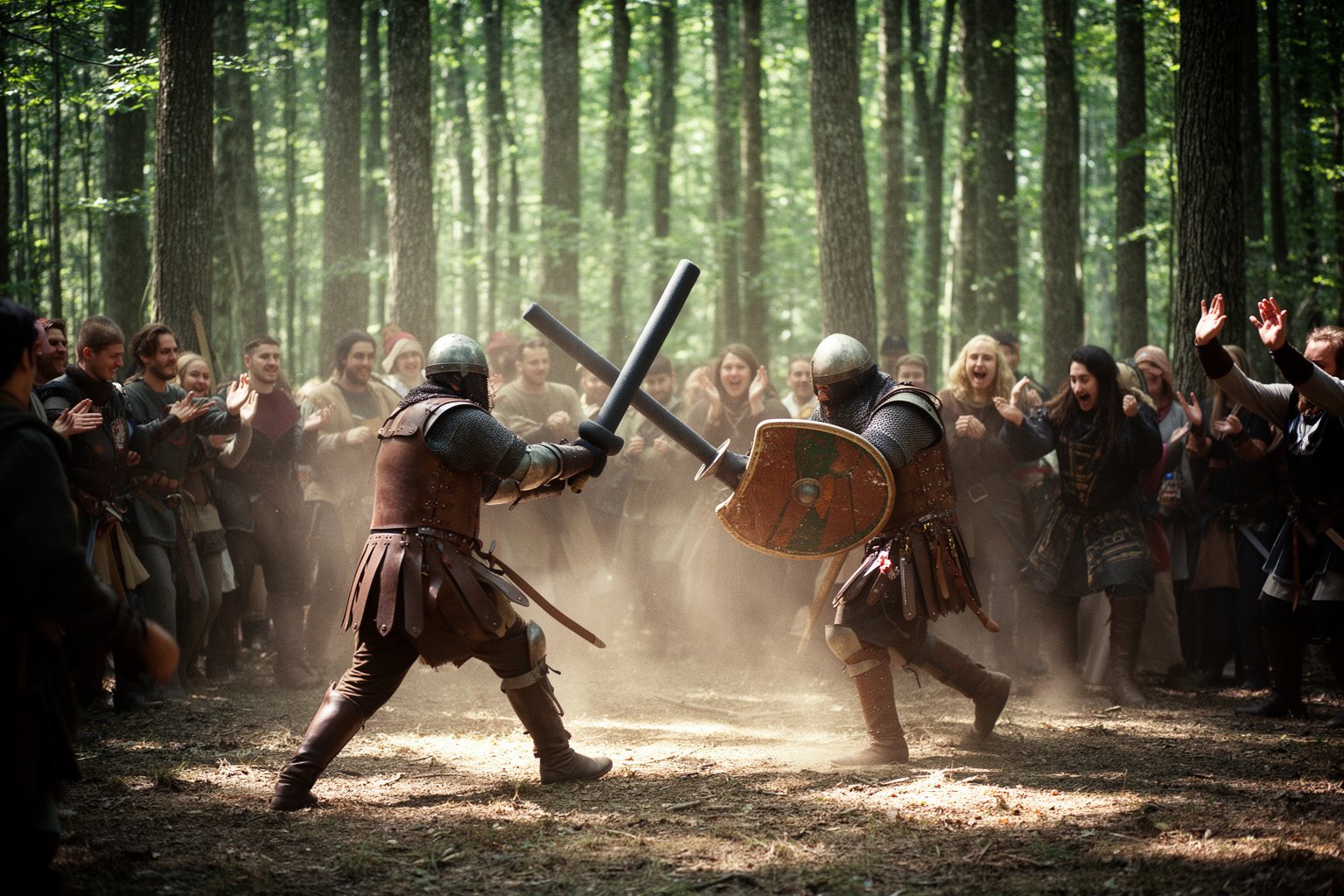 Delving Deep: The Hidden World of RPG Games Adults in costume clashing with foam swords during a live-action role-play in a forest