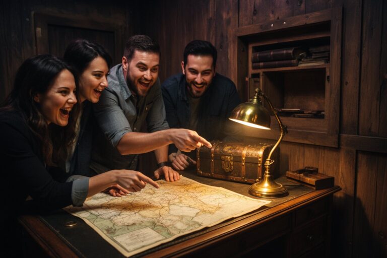 Group of friends studying clues by lamplight inside a themed Las Vegas escape room
