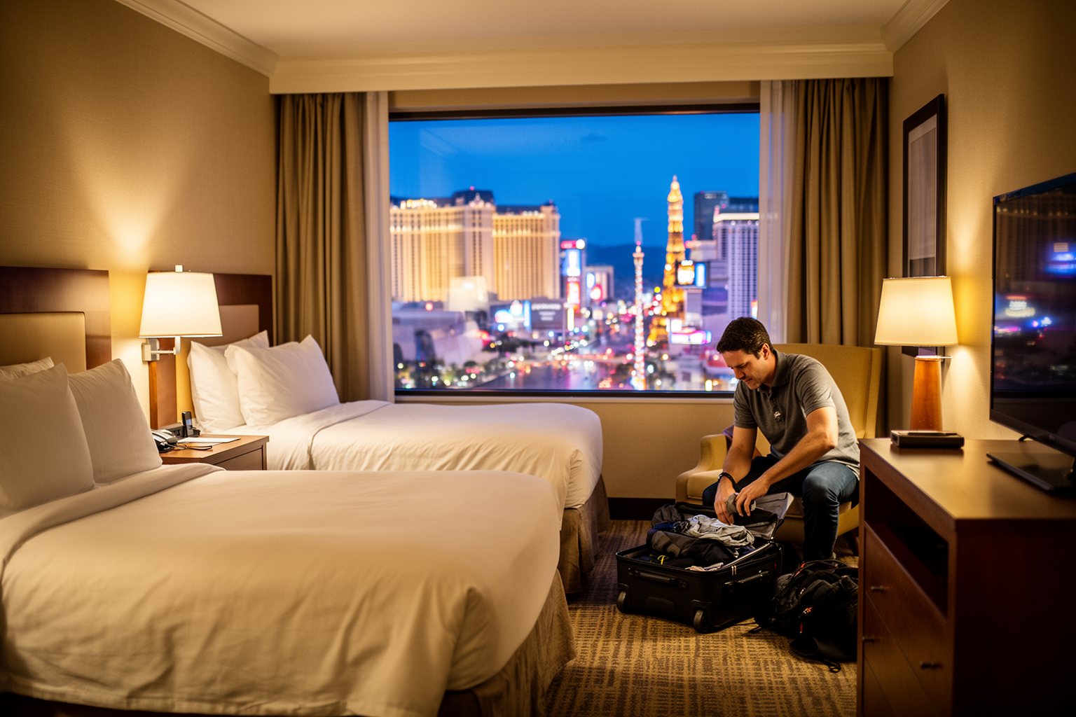 Circus Circus Las Vegas: Casino, Adventuredome and Acts Simple hotel room with two beds and a window view of the Las Vegas Strip at dusk