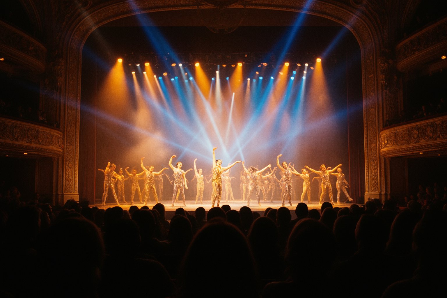 The Complete Guide to Las Vegas Shows Audience watching a spectacular Las Vegas show from the stalls as stage lights sweep the theatre