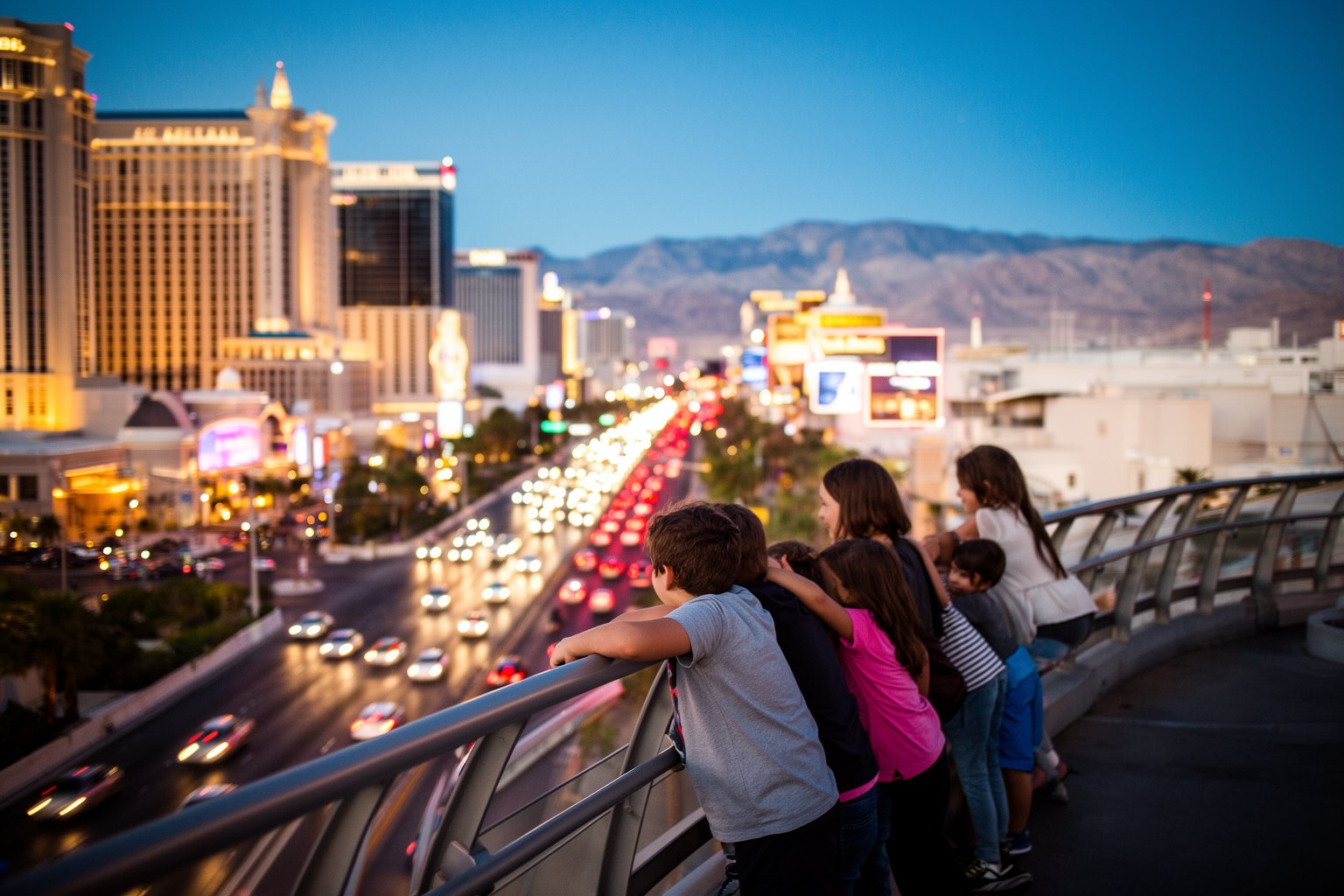 Your Family’s Perfect Home Base: Child-Friendly Hotels in Vegas Family on a pedestrian bridge looking over the Las Vegas Strip at dusk