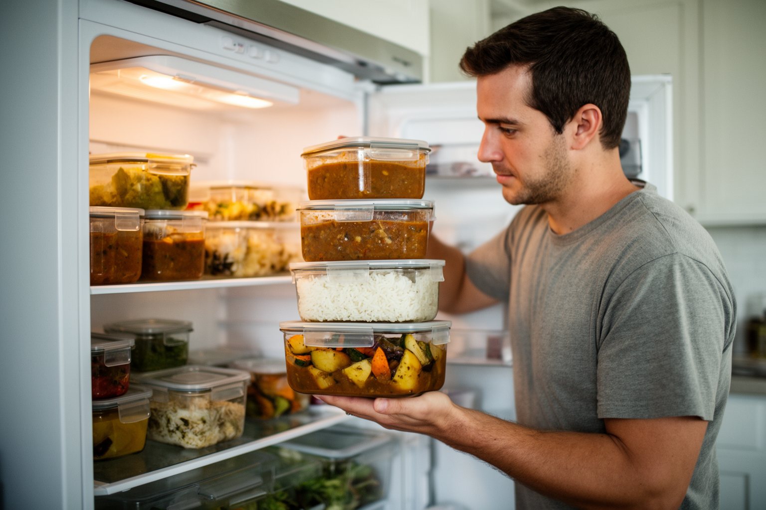 Person stacking leftovers in glass containers in the fridge to reduce food waste
