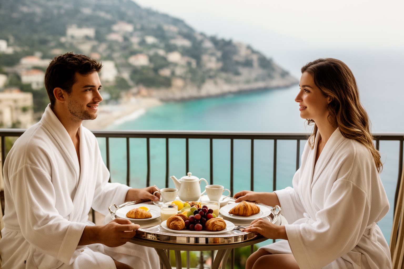 Couple enjoying breakfast served on the balcony of a luxury hotel suite