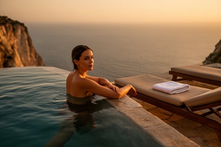 Decadence Unleashed: The Ultimate Luxury Travel Bucket List Guest relaxing at a clifftop infinity pool above the ocean at sunset, luxury travel bucket list