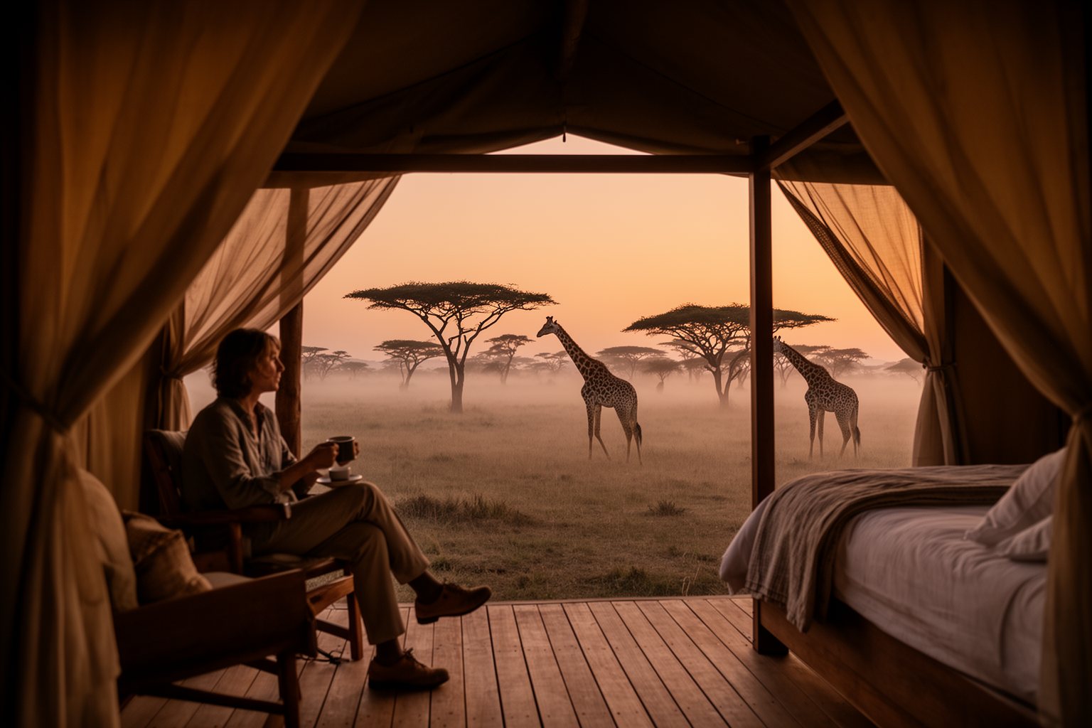 Luxury safari tent deck overlooking the African savanna at dawn