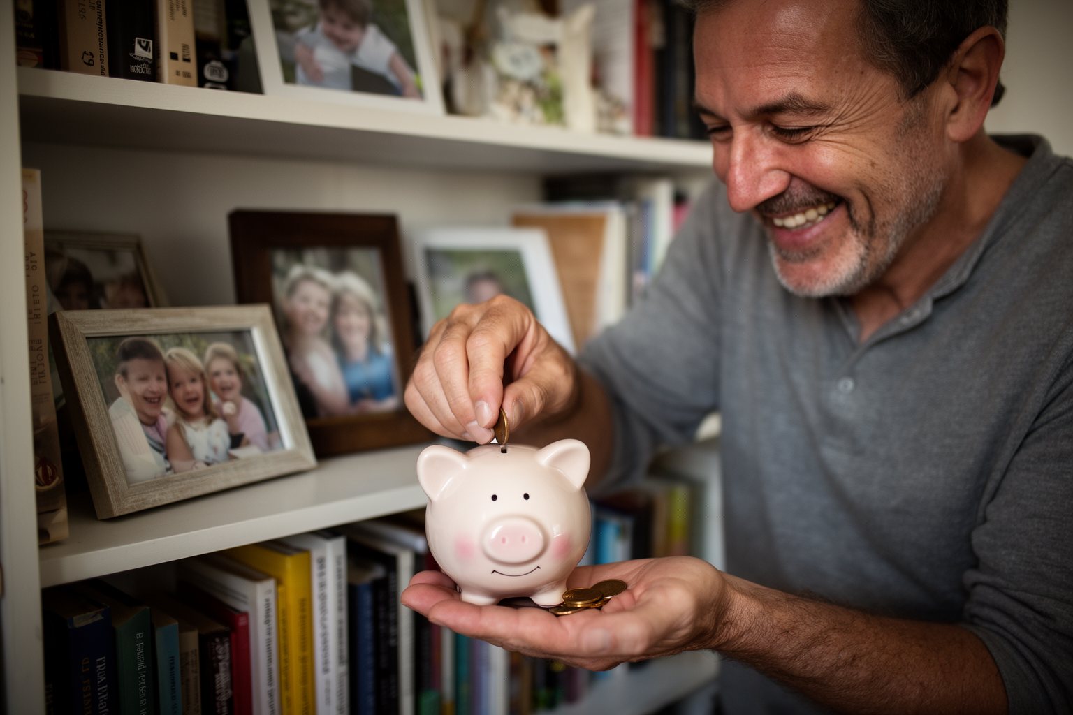 Penny Pinching Pros: How to Save Money Like a Pro Man smiling as he drops a penny into a ceramic piggy bank on a shelf