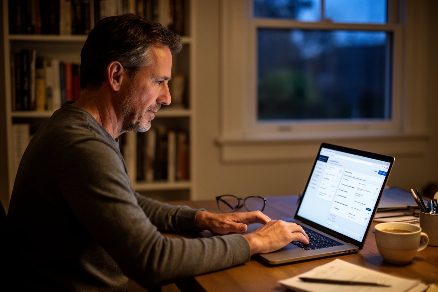 Shattering 5 Finance Myths You've Believed Since Your 40s Man in his forties opening his first investment account on a laptop at a home desk