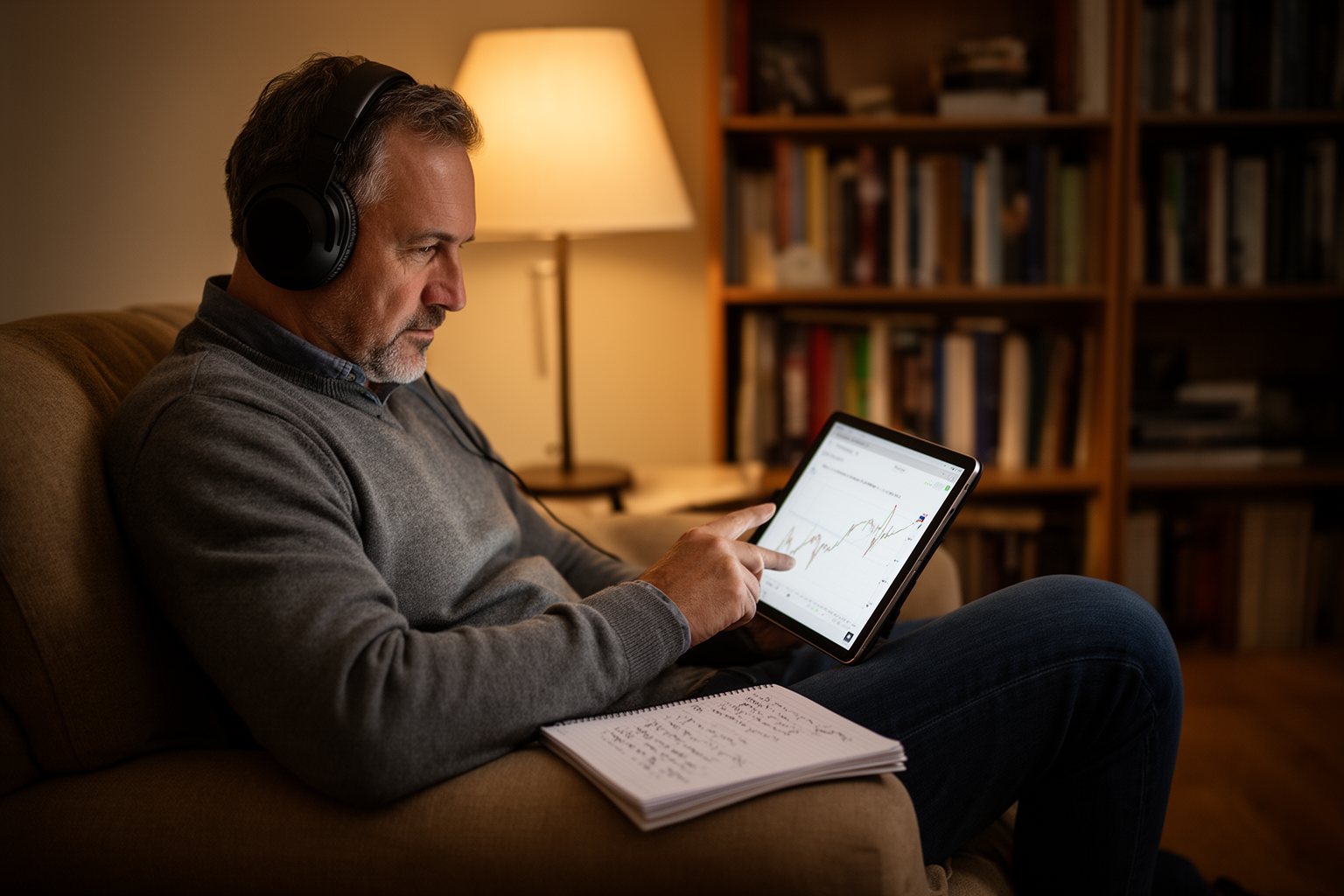 Shattering 5 Finance Myths You've Believed Since Your 40s Man in his fifties following an online finance course on a tablet with headphones