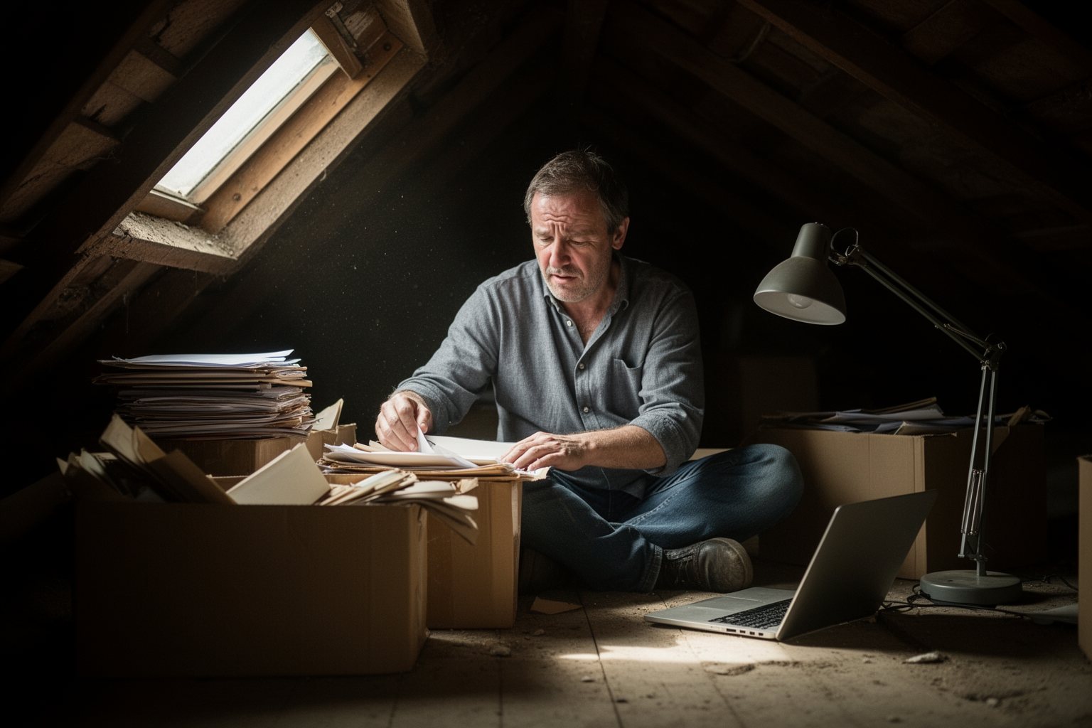 Man sorting through boxes of old financial paperwork in an attic