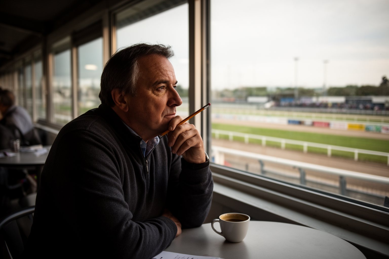 10 Reasons Why Tampa Bay Downs Should Be Your Next Destination Man thinking over a small bet at a table in a racetrack grandstand