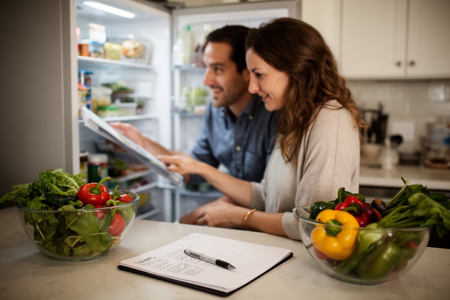 Couple planning a week of meals together at a kitchen counter beside the open fridge
