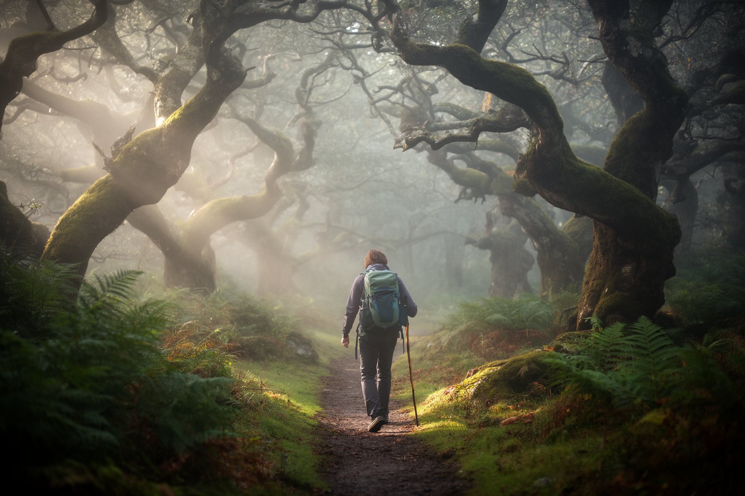 Delving Deep: The Hidden World of RPG Games Hiker stepping onto a moss-covered forest path in morning mist, like the start of a quest