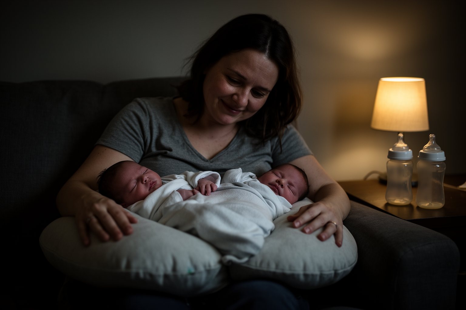 Raising Young Twins: Surviving the Twin Tornado Tired mother with newborn twins asleep on a nursing pillow after a night feed
