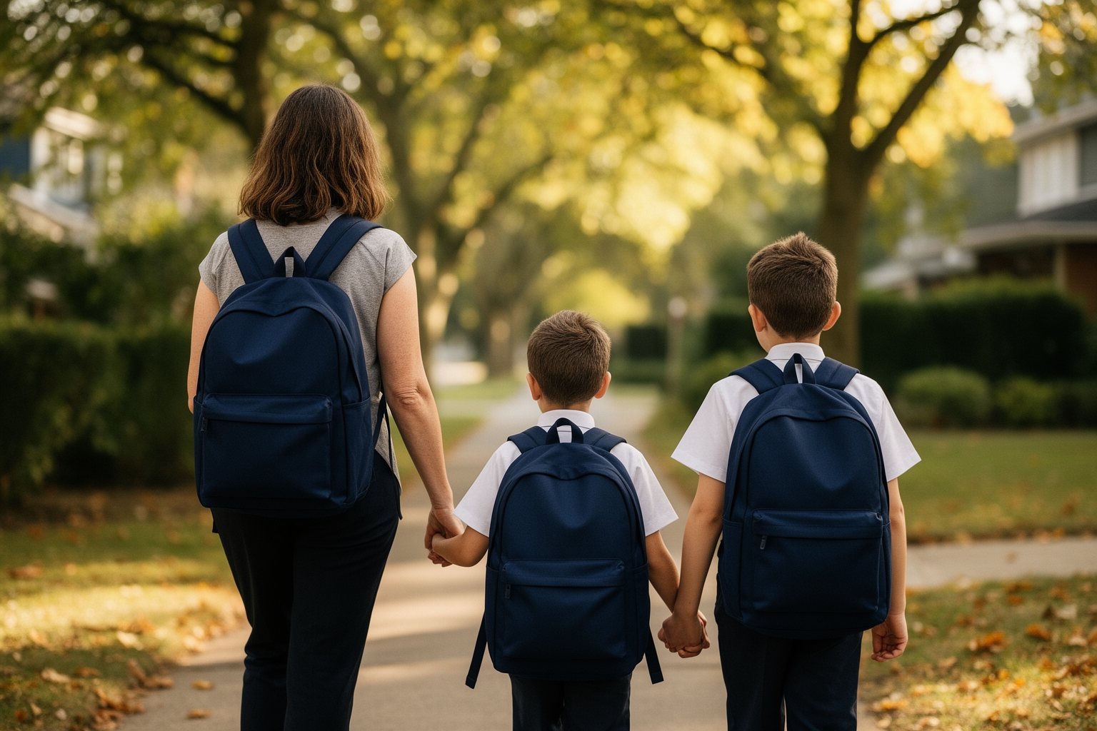 Raising Young Twins: Surviving the Twin Tornado Mother walking her school-age twins to school, seen from behind
