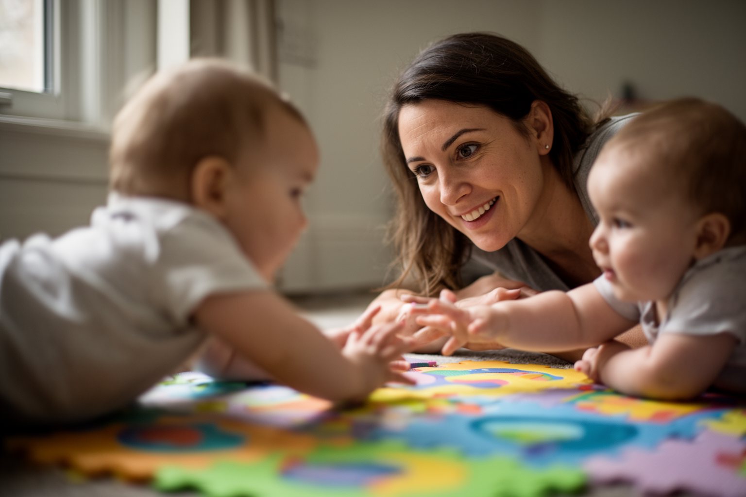 Raising Young Twins: Surviving the Twin Tornado Mother watching her twin babies reach for each other on a playmat