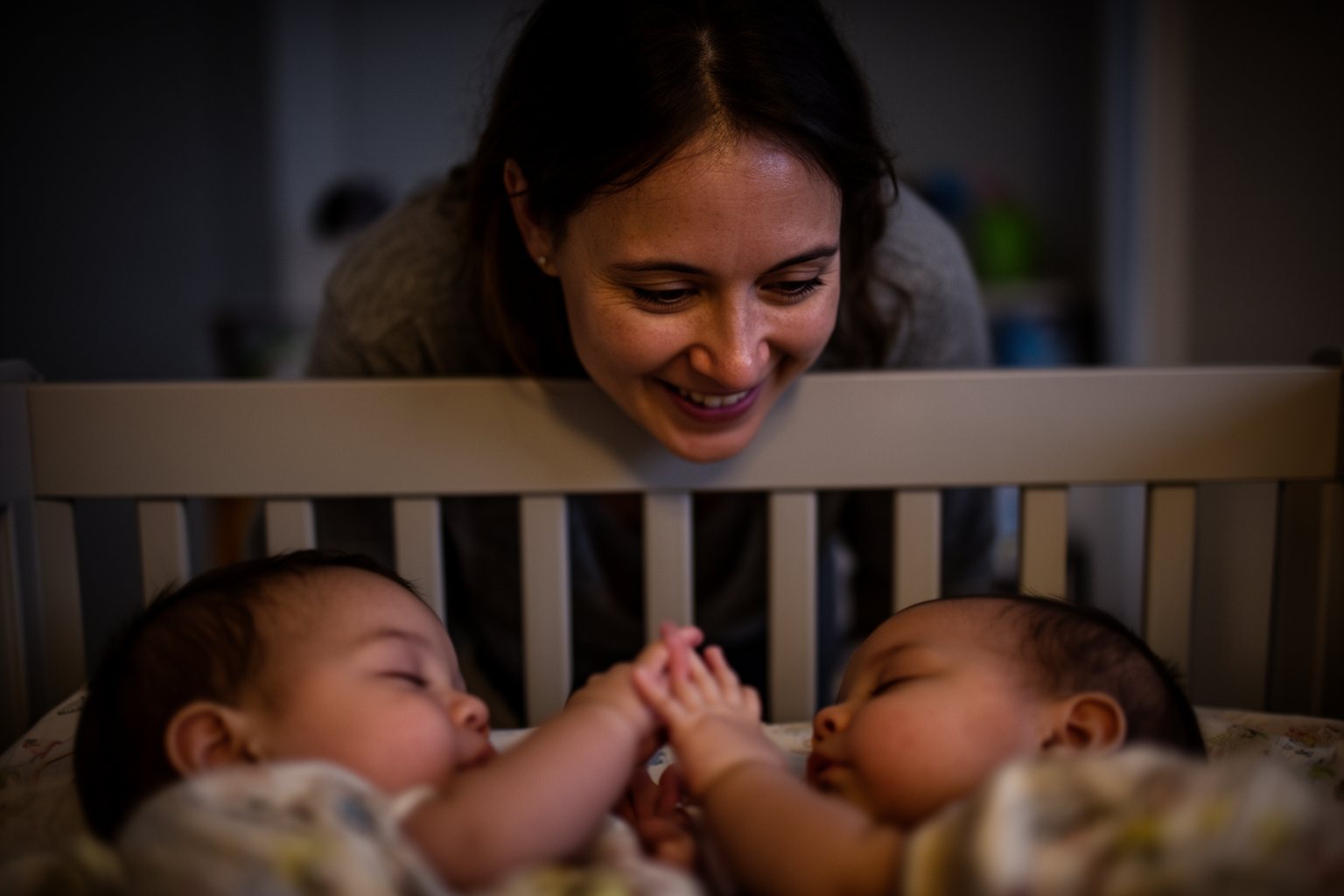 Twin Parenting: The Unexpected Journey of Tears and Laughter Mother leaning over a crib watching her twin babies hold hands in their sleep