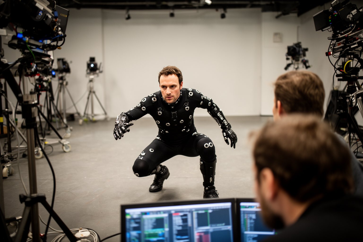 AI in PC Gaming: How It Powers Realistic Game Worlds Actor in a motion capture suit performing for game characters in a studio