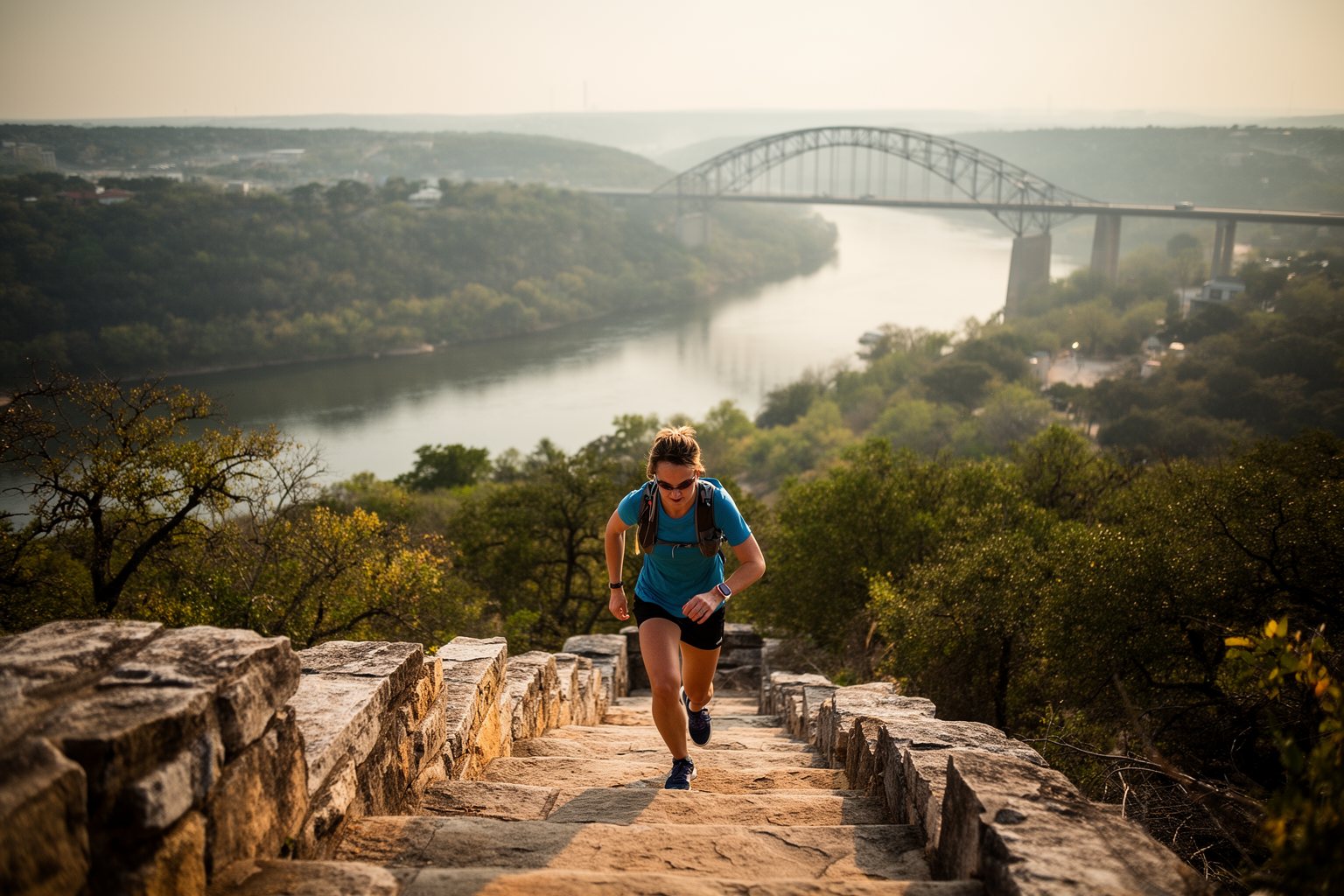 Jogging in Austin: Best Routes for Runners Runner climbing the limestone steps of Mount Bonnell above Lake Austin and its arched bridge