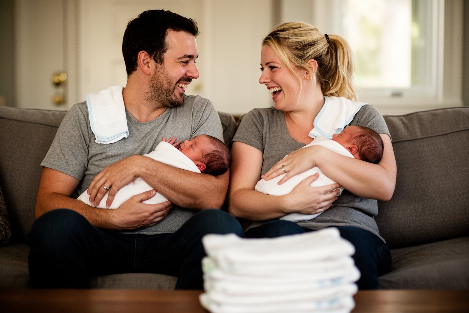 Twin Parenting: The Unexpected Journey of Tears and Laughter New parents each holding one of their newborn twins on the sofa at home, laughing and tired