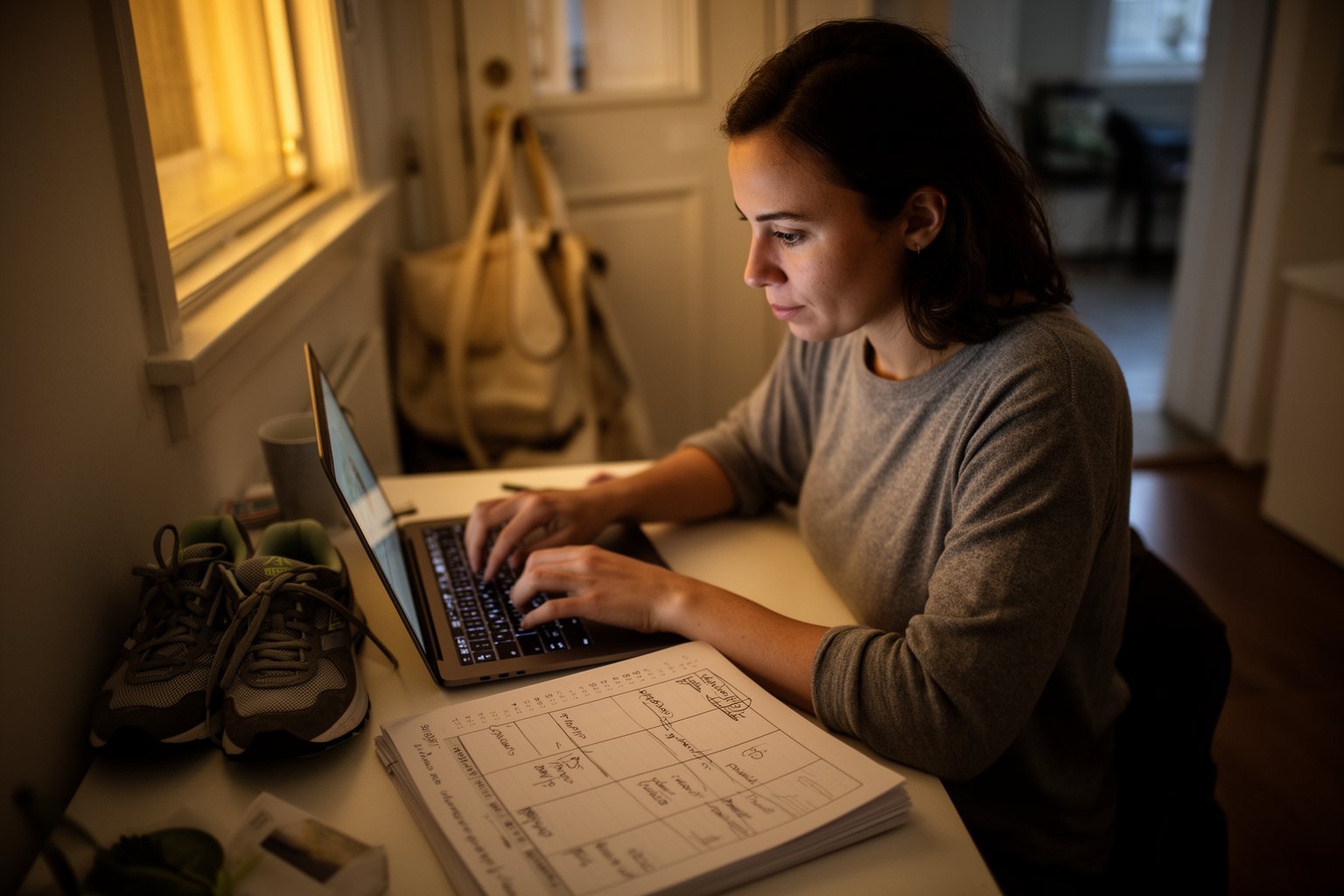 Digital nomad closing her laptop at the end of the workday in a rented apartment