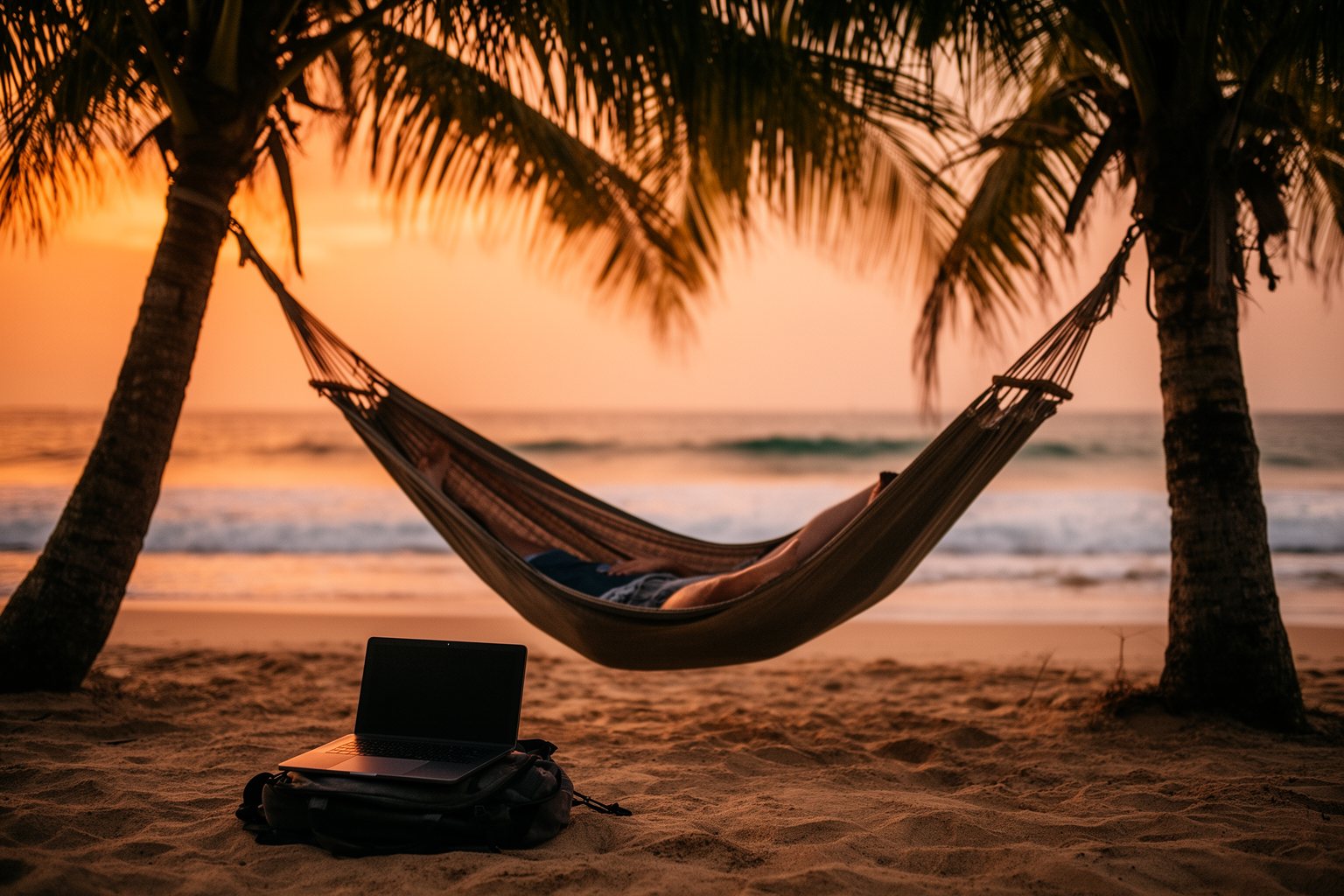 Remote worker relaxing in a hammock at sunset after the workday