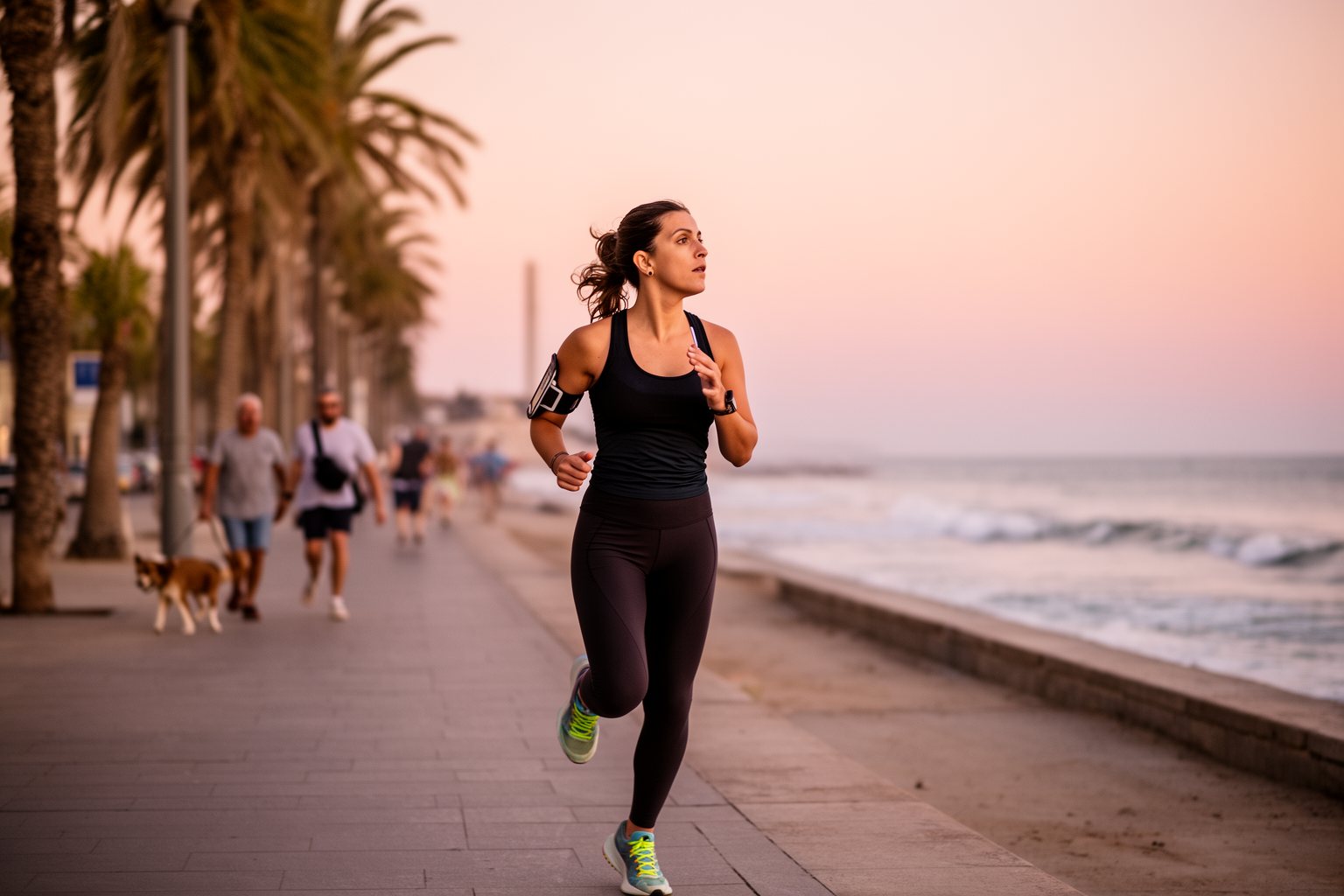 Digital nomad on a morning run along a beach promenade