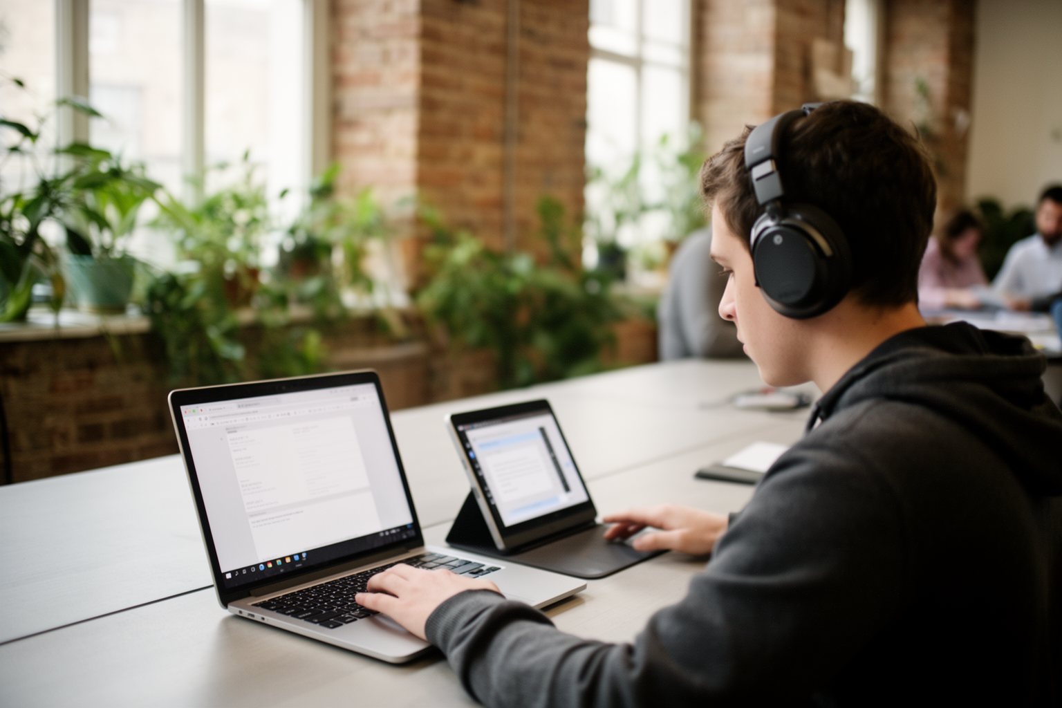 Remote worker with headphones focused on a laptop in a bright coworking space