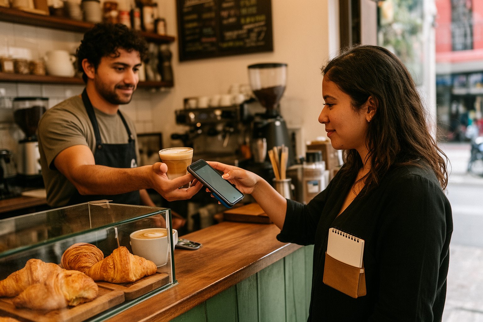 Digital nomad paying by phone at a local cafe counter while tracking a budget