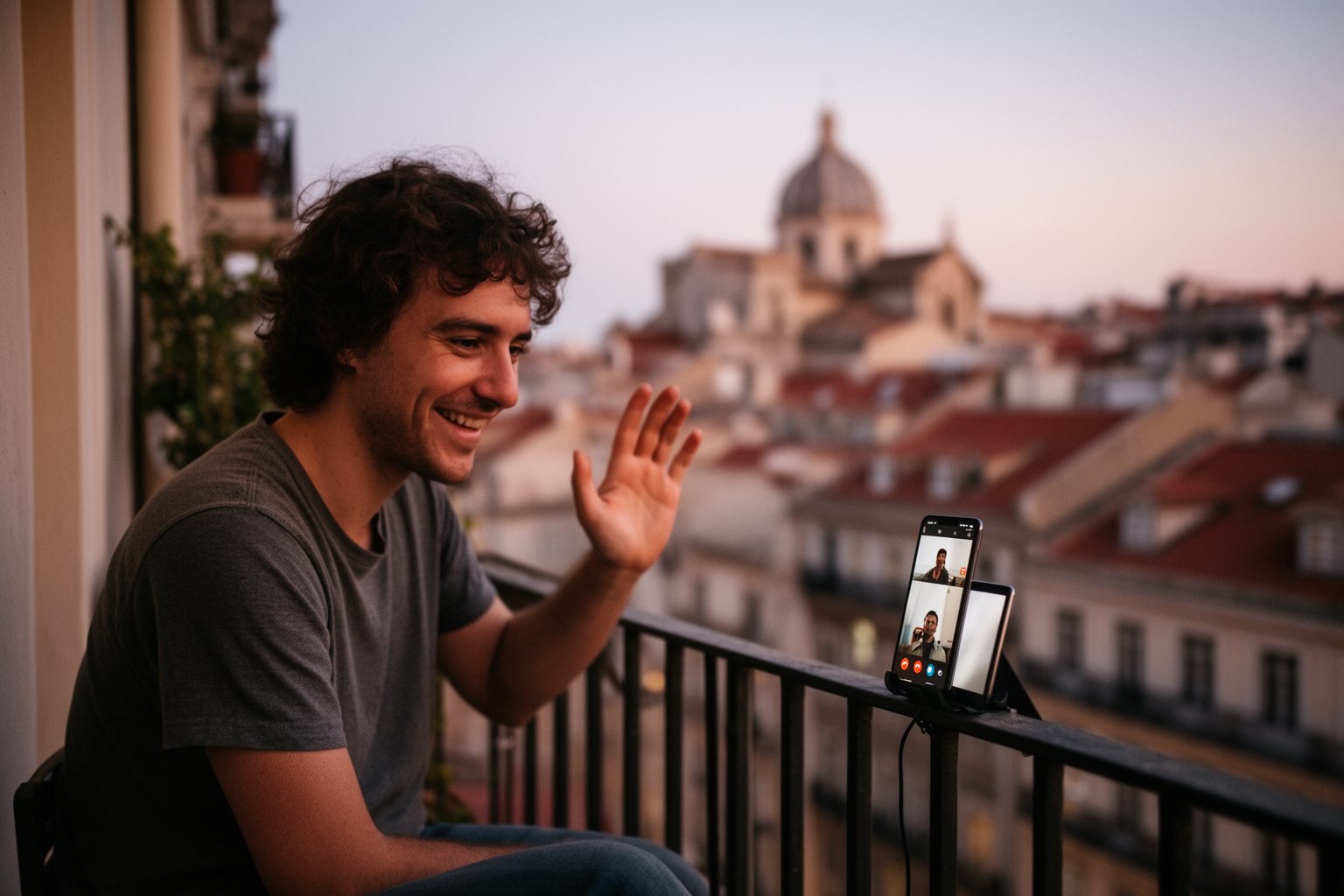 Digital nomad on a video call with family from a balcony abroad