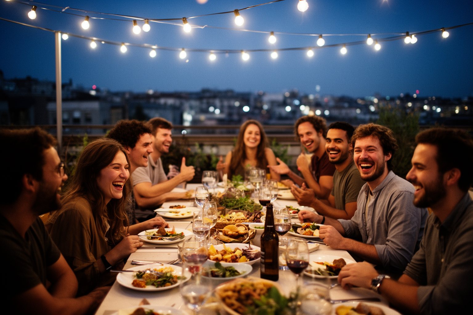 Group of digital nomads swapping stories over dinner on a rooftop terrace