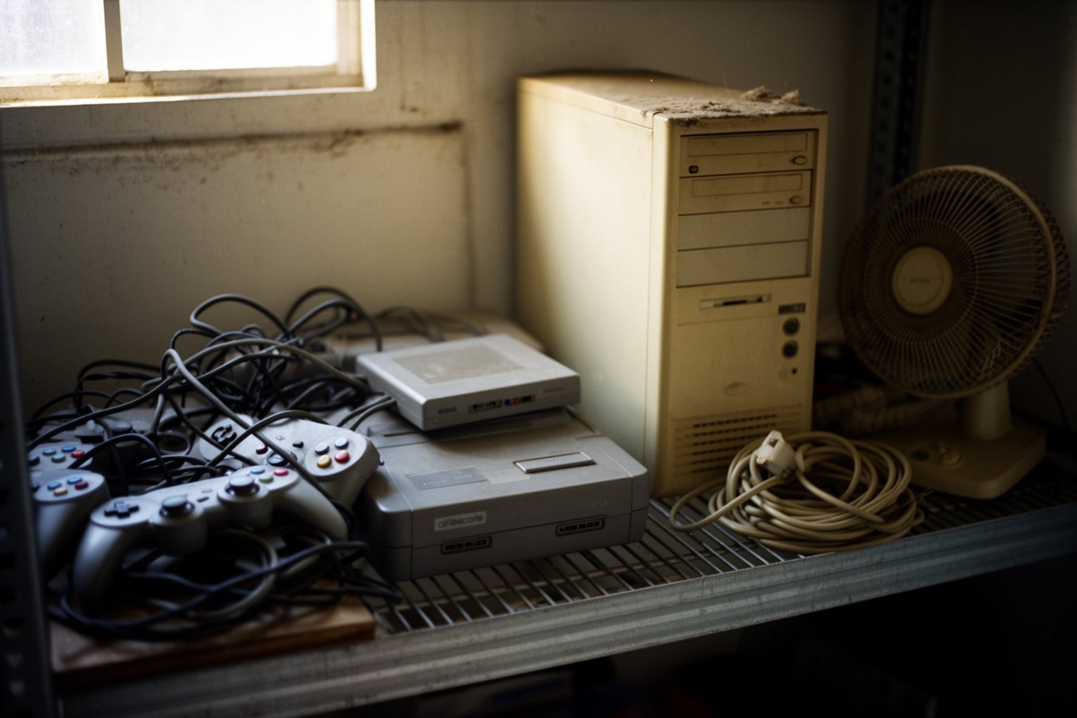 PC vs Console Gaming Cost: Which Is Cheaper Long Term? Old game console and aging PC tower gathering dust on a garage shelf