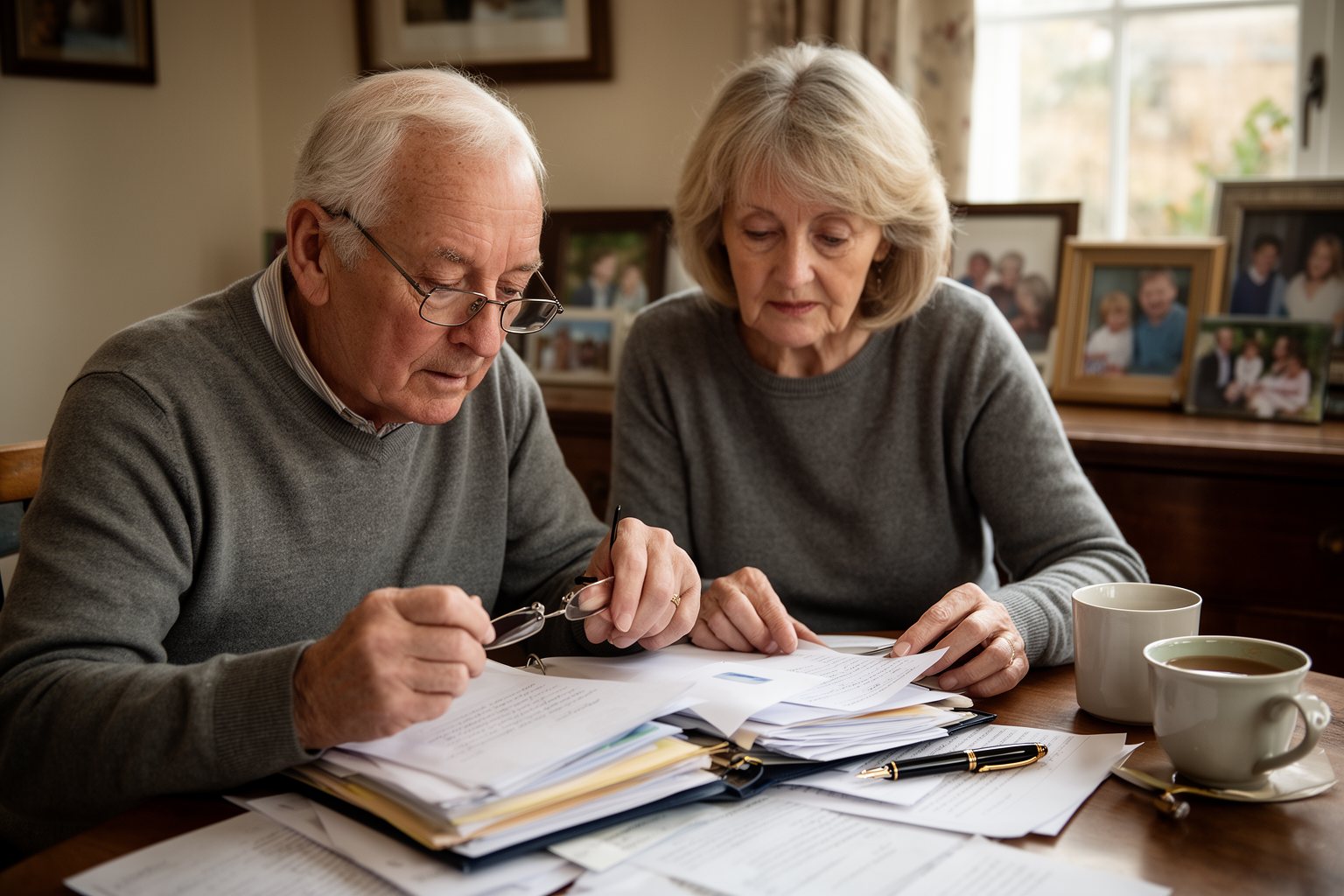 Older couple reviewing estate planning documents at their dining table