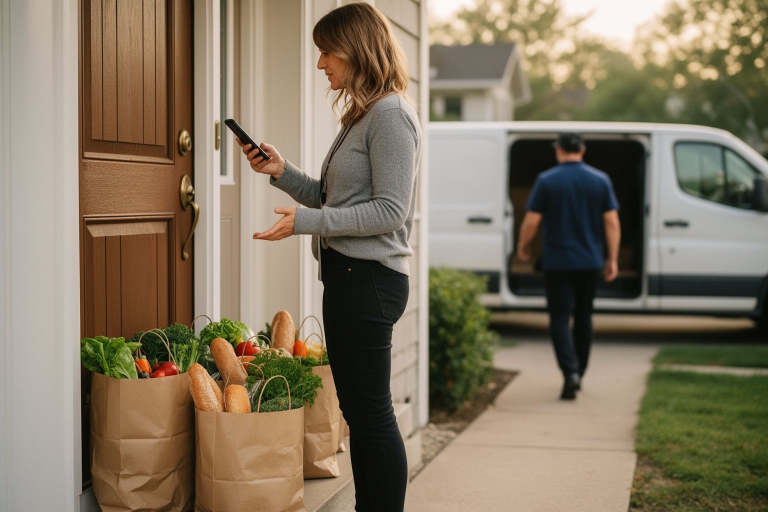 Woman collecting an online grocery delivery at her front door with her phone in hand