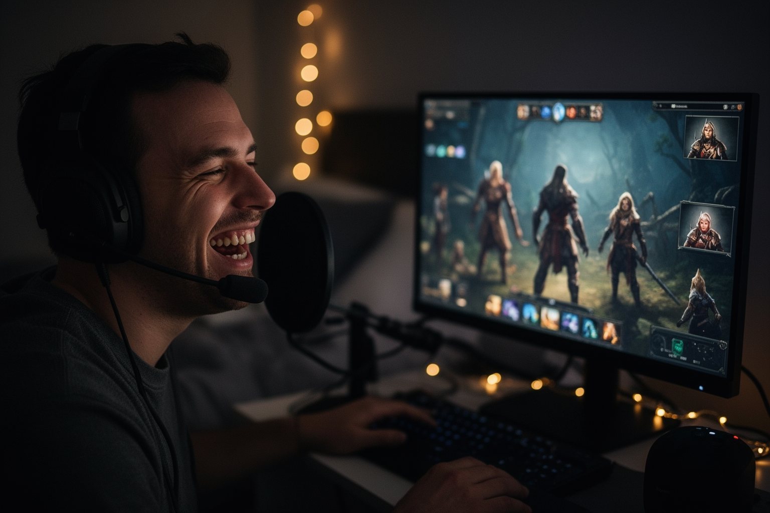 Delving Deep: The Hidden World of RPG Games Player laughing with friends over voice chat during an online multiplayer RPG