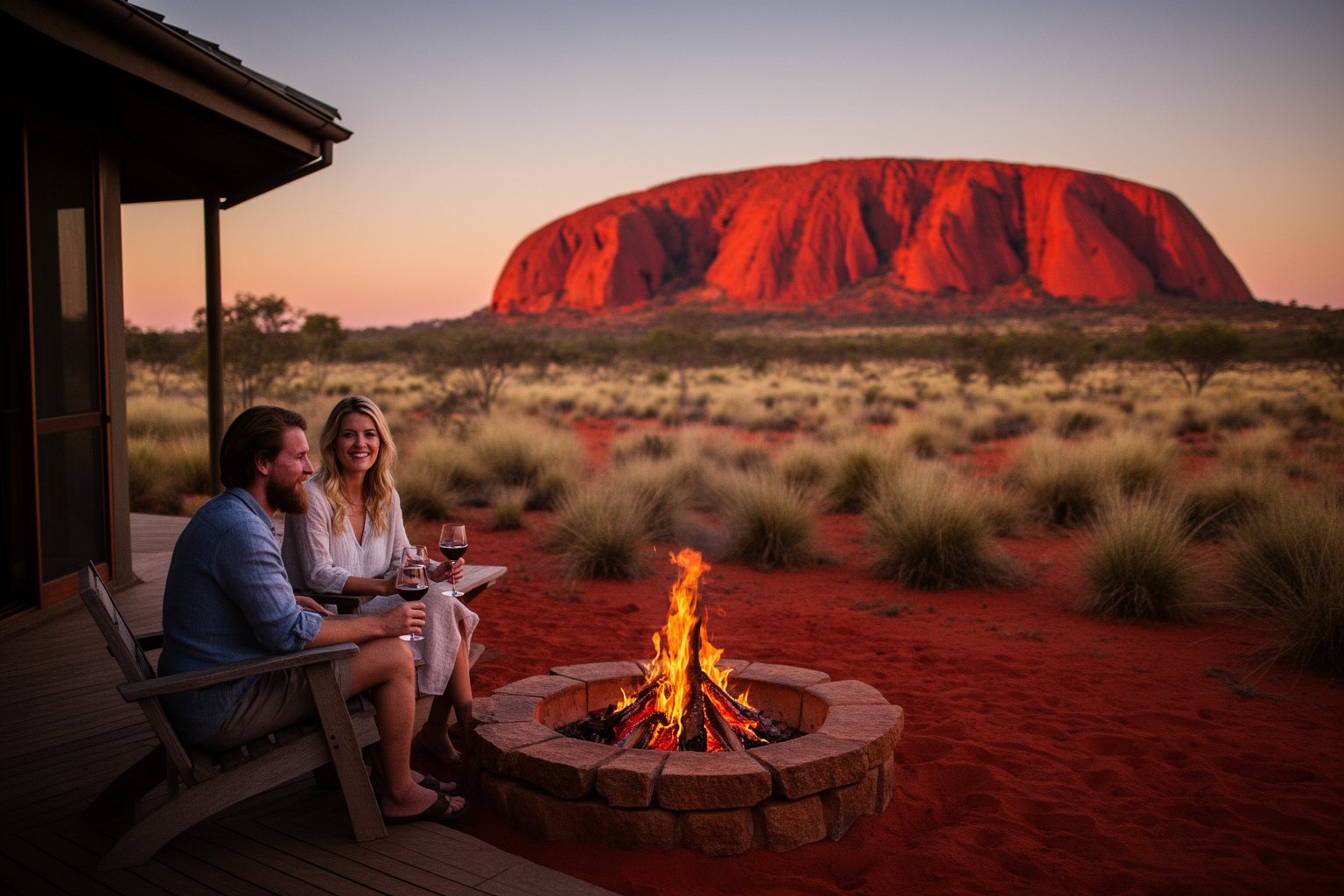 Luxury lodge deck facing red desert rock formations in the Australian outback at sunset