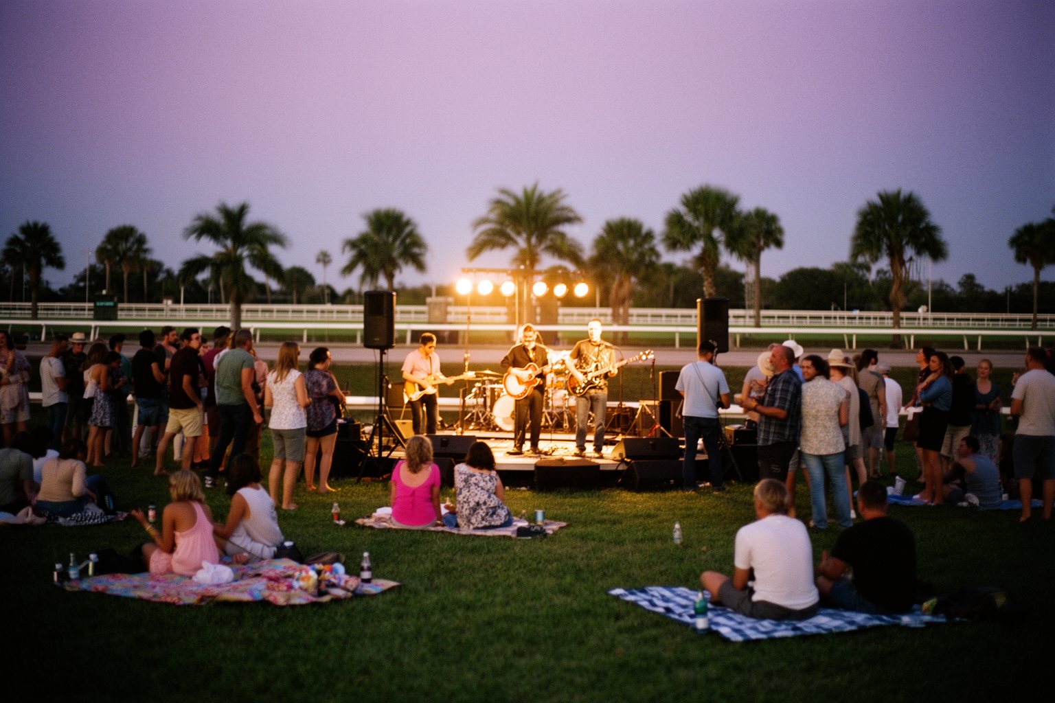 10 Reasons Why Tampa Bay Downs Should Be Your Next Destination Crowd enjoying an outdoor evening concert on the lawn at Tampa Bay Downs