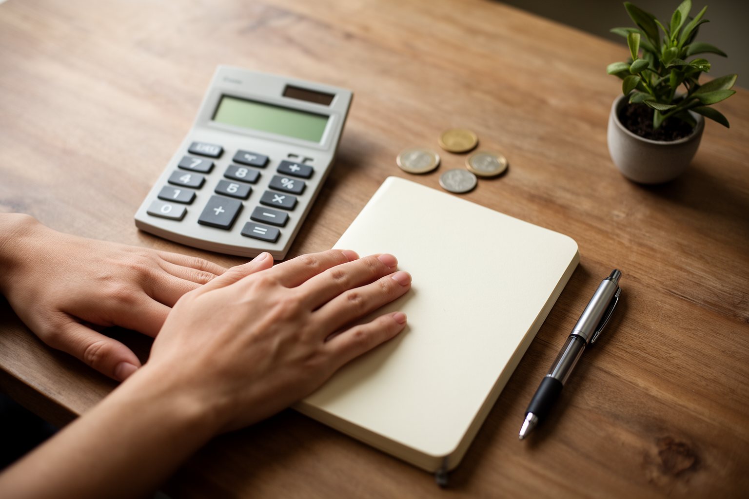8 Budgeting Basics You Probably Don't Know Overhead view of hands on a budget notebook beside a calculator and a few coins