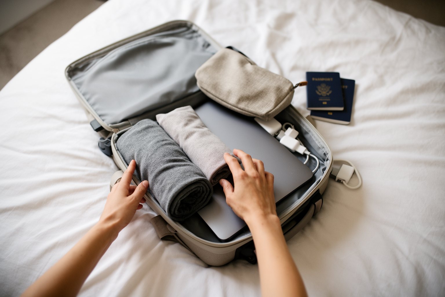 Minimalist carry-on backpack being packed on a bed with rolled clothes and a laptop